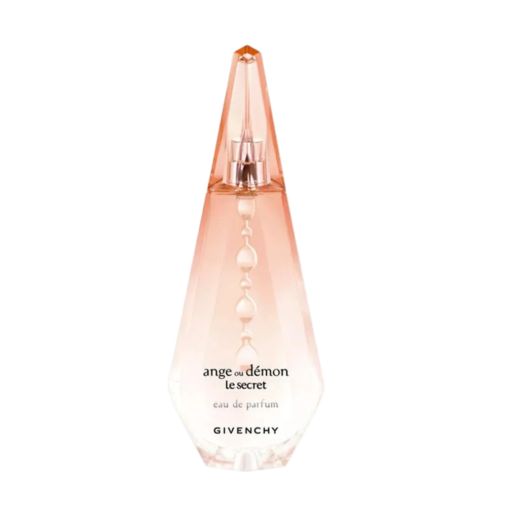 Image 1 : Flacon Givenchy Ange ou Démon Le Secret eau de parfum femme, design losange rosé pêche avec perles en relief et bouchon facetté — Delvale