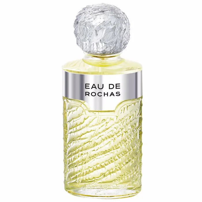 Image 1 : Flacon Rochas Eau De Rochas Eau De Toilette Vaporisateur 50ml, verre texturé jaune clair avec bouchon boule givré argenté et étiquette argentée — Delvale
