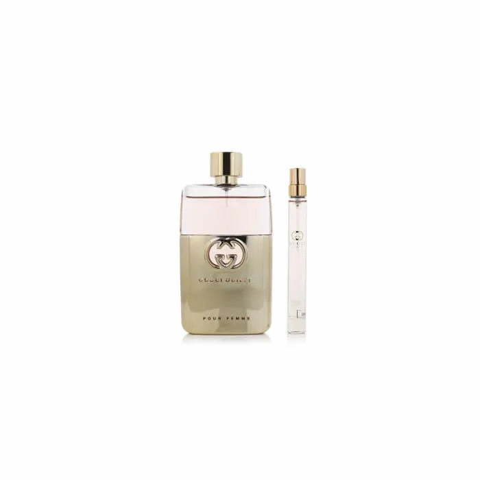 Image 1 : Coffret parfum Gucci Guilty femme avec flacon 90ml et format voyage 10ml sur fond blanc — Delvale