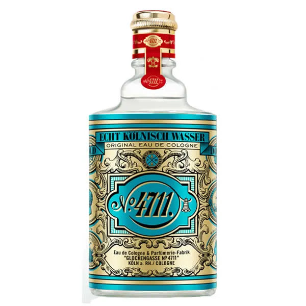 Image 1 : Flacon 4711 Eau de Cologne Echt Kölnisch Wasser en verre transparent avec étiquette turquoise et dorée, bouchon doré et col rouge décoré — Delvale