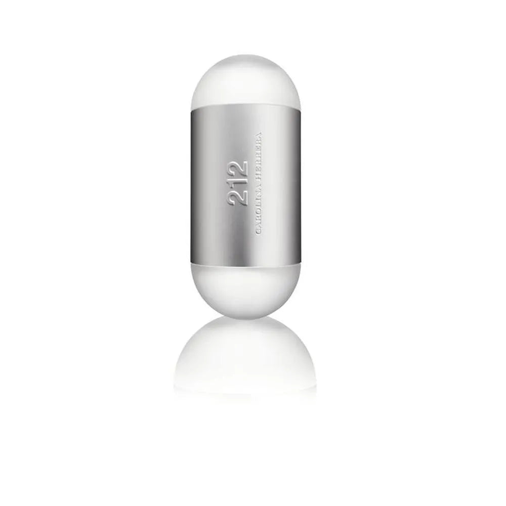 Flacon Carolina Herrera 212 Woman Eau de Toilette Femme 100ml capsule ovale blanc laiteux bandeau argenté brossé avec reflet, vue de face