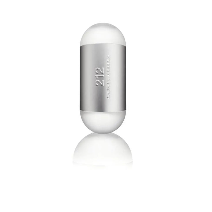 Flacon Carolina Herrera 212 Woman Eau de Toilette Femme 100ml capsule ovale blanc laiteux bandeau argenté brossé avec reflet, vue de face