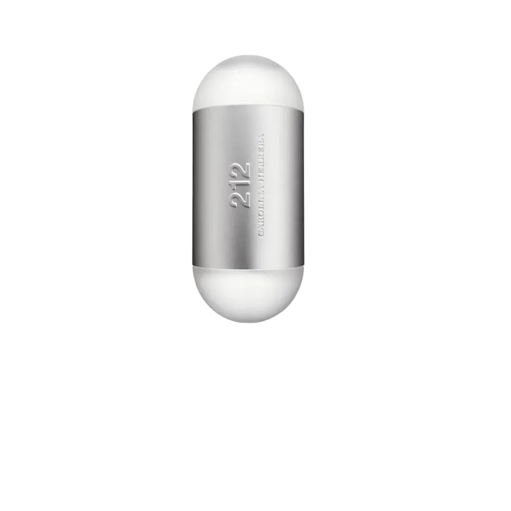 Flacon Carolina Herrera 212 Men Eau de Toilette Homme capsule ovale blanc et métal brossé argenté inscription en relief, vue de face
