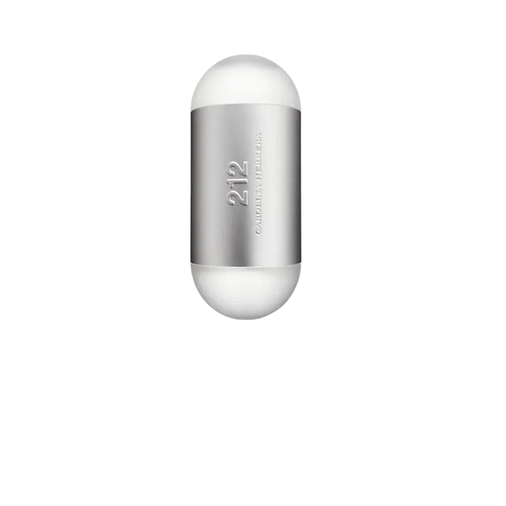 Flacon Carolina Herrera 212 Men Eau de Toilette Homme capsule ovale blanc et métal brossé argenté inscription en relief, vue de face