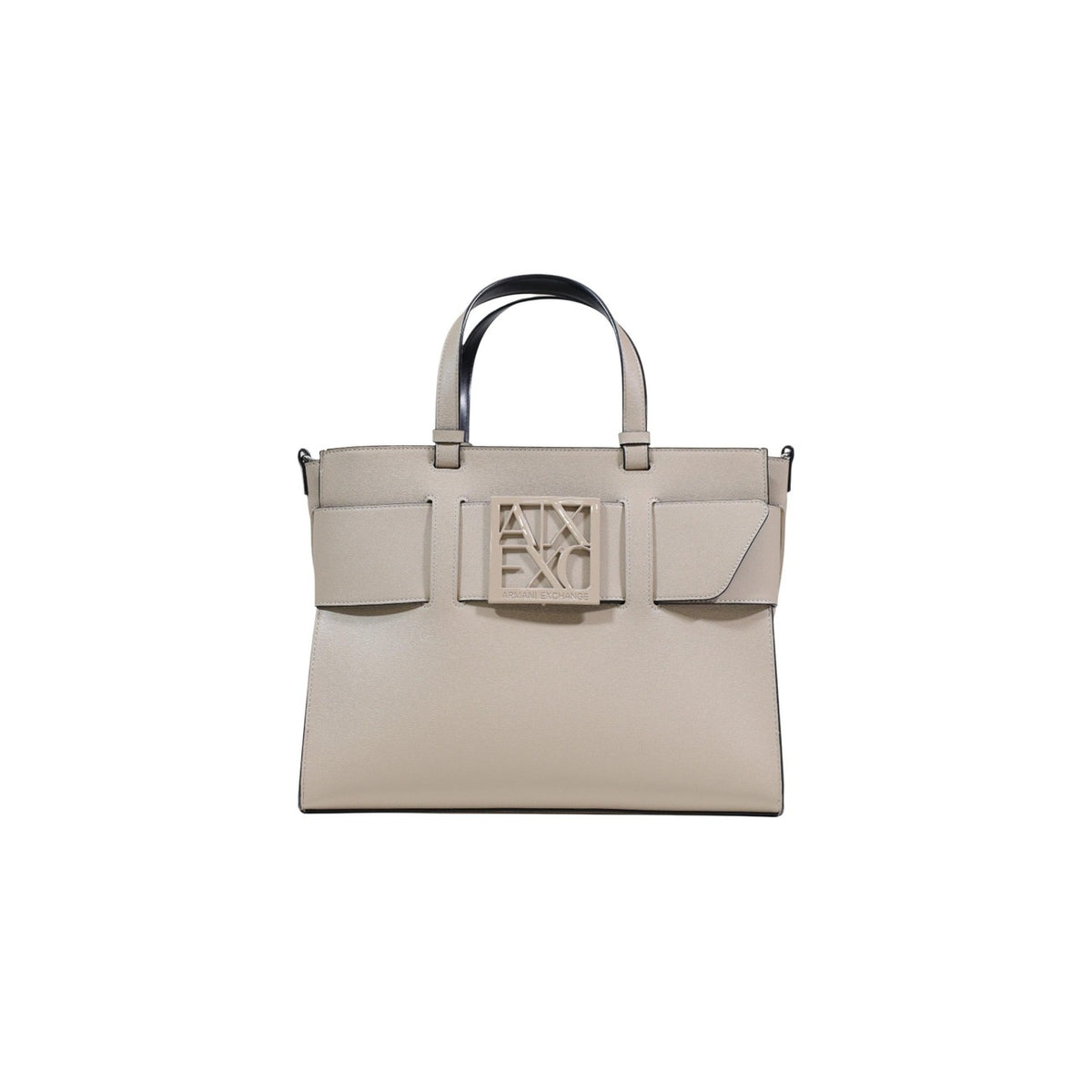 Image 1 : Sac à main Armani Exchange femme beige en similicuir lisse avec plaque AX ajourée en façade, vue de face — Delvale