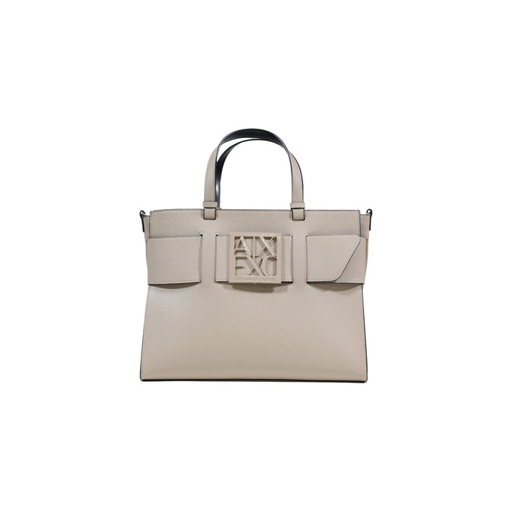 Image 1 : Sac à main Armani Exchange femme beige en similicuir lisse avec plaque AX ajourée en façade, vue de face — Delvale