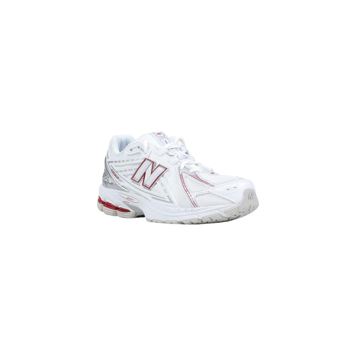 Image 2 : New Balance 1906R femme blanche et rouge, détail du logo N et empiècements argentés — delvale