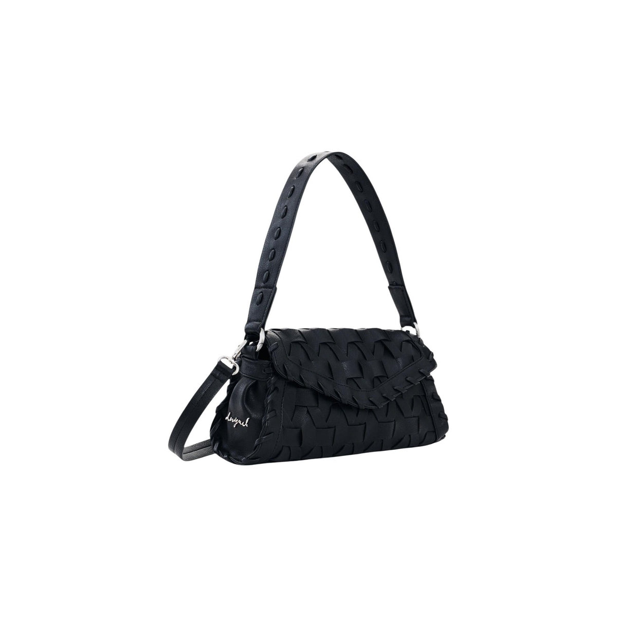 Image 2 : Détail du tressage irrégulier en similicuir noir sur sac baguette Desigual avec bandoulière — Delvale