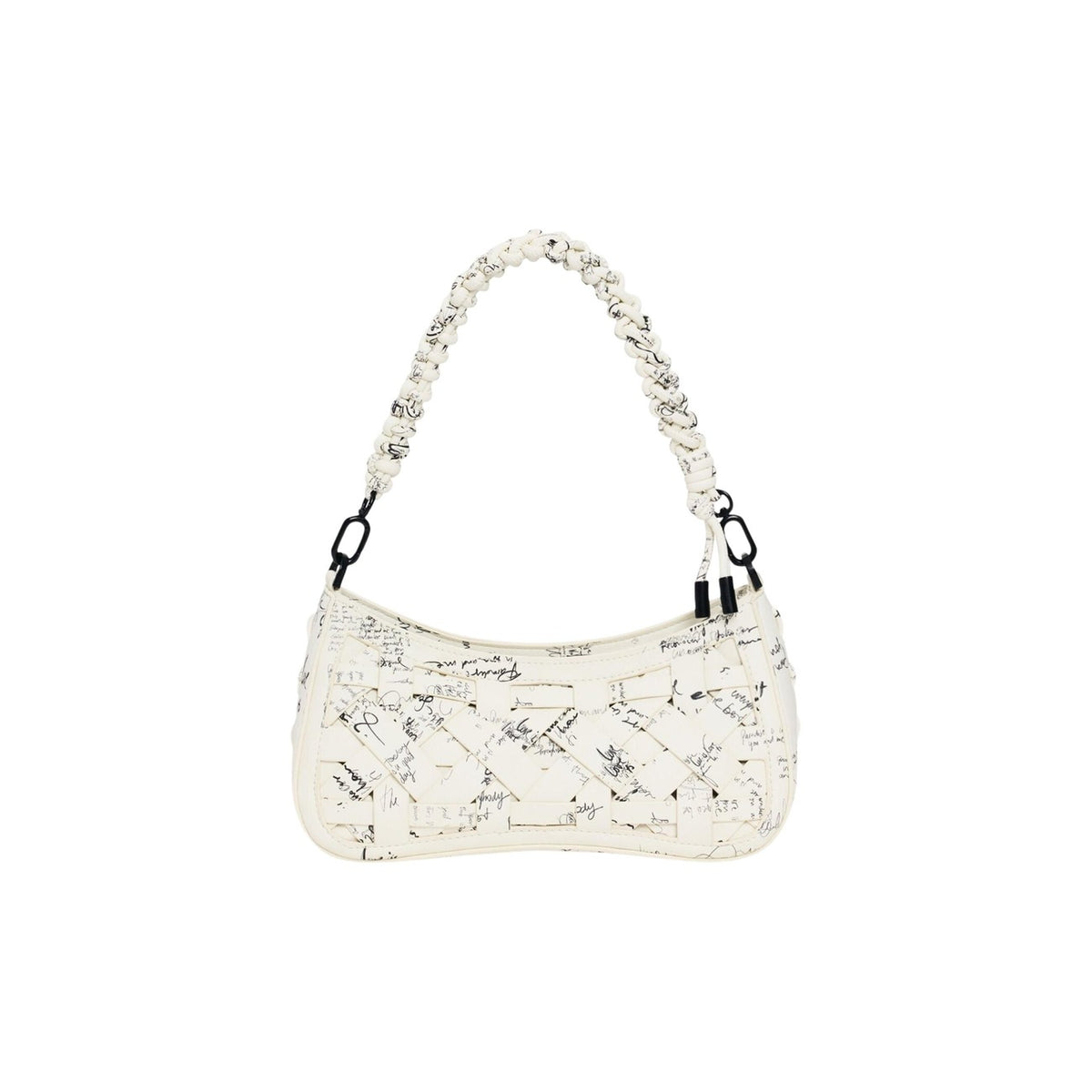 Image 1 : Sac baguette Desigual femme ivoire imprimé manuscrit avec anse perlée et lanières tressées — delvale