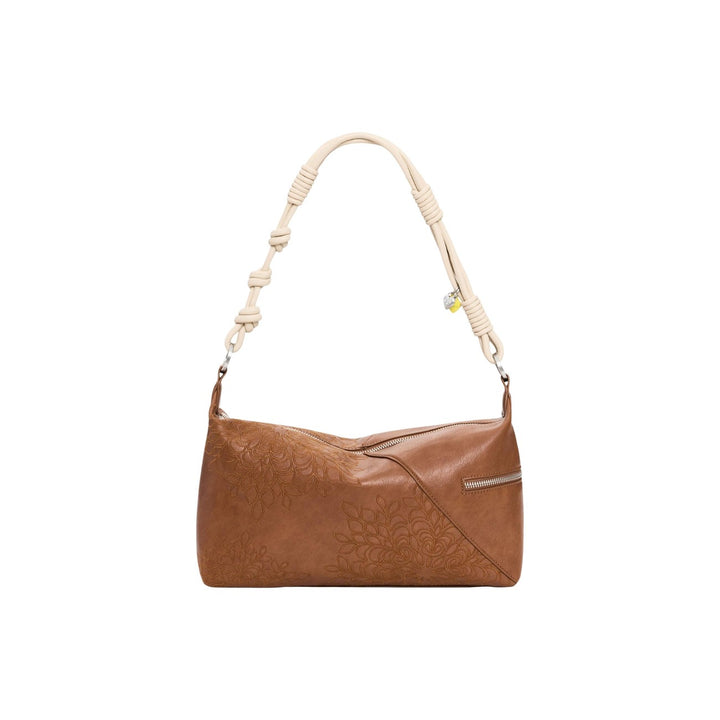 Image 1 : Sac à main Desigual femme camel à motifs floraux gaufrés avec silhouette origami et anse corde écrue — delvale