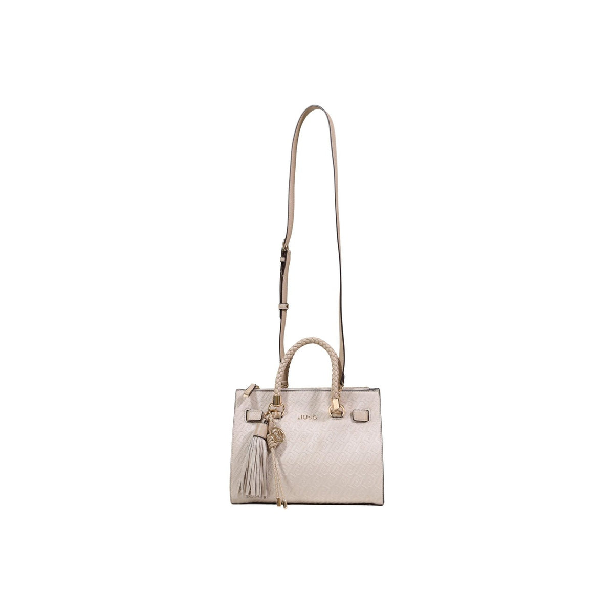 Image 2 : Tote bag Liu Jo femme coloris beige nude, fermeture zippée, quincaillerie dorée et charm pompon logo LJ — vue trois quarts — Delvale
