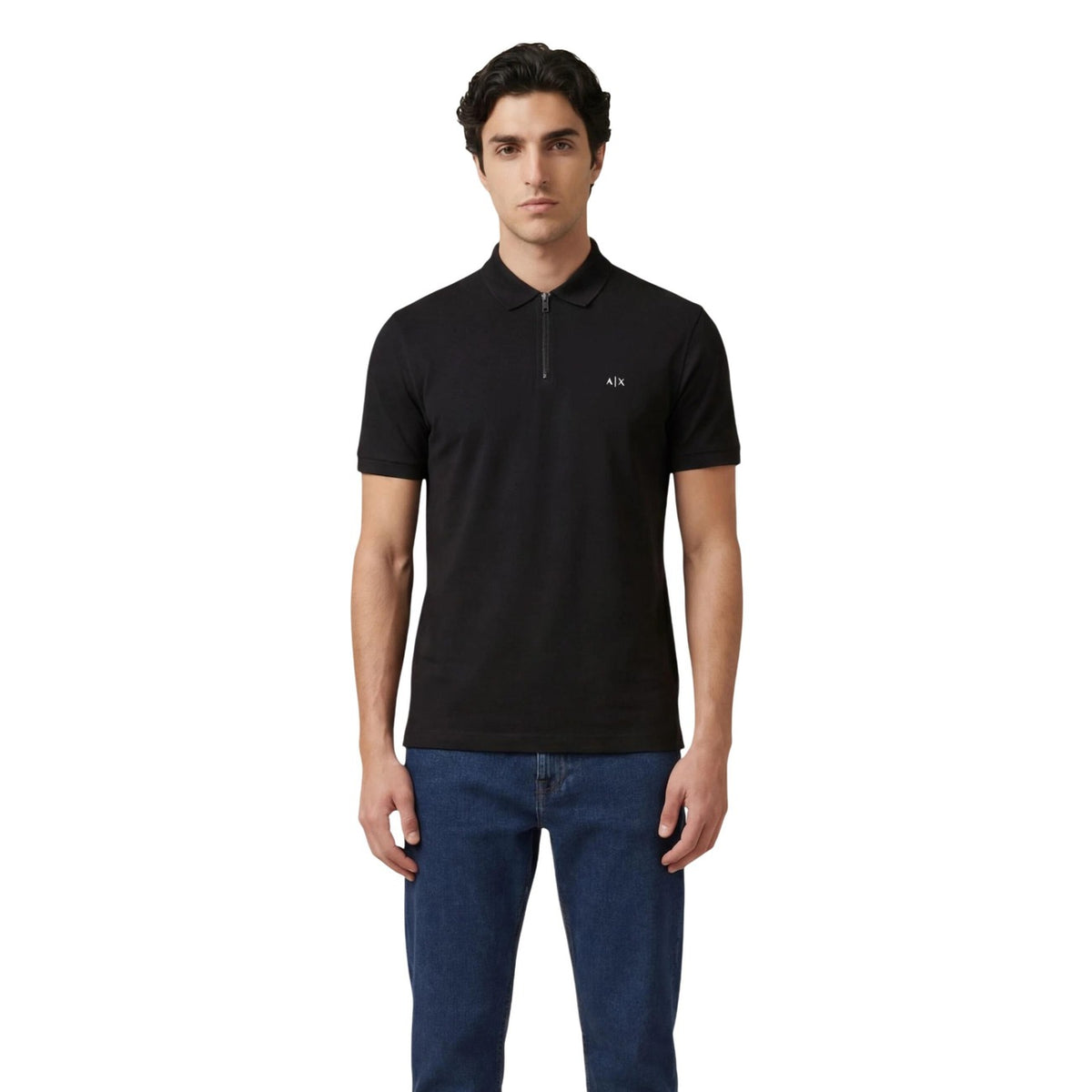 Polo Armani Exchange homme noir fermeture éclair logo AX brodé — vue de face portée — Delvale