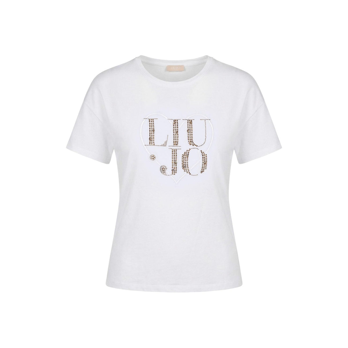 Image 2 : Détail du logo Liu Jo en micro-strass dorés formant un cœur sur t-shirt blanc femme — Delvale