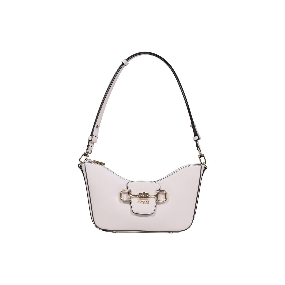 Image 1 : Sac à main Guess femme baguette blanc cassé avec fermeture twist cadenas doré et bandoulière réglable, vue de face — Delvale