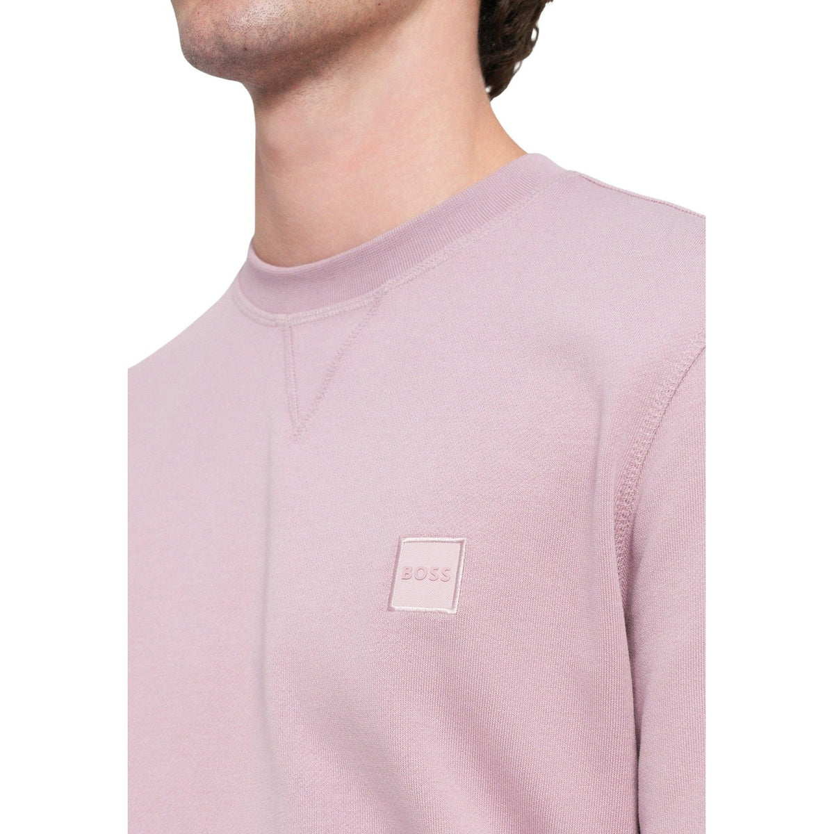 Sweatshirt Boss homme rose poudré vue portée de dos — coupe droite manches longues coton
