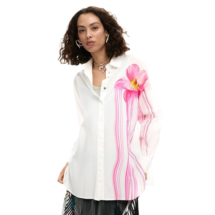 Image 1 : Chemise femme Desigual blanche à motifs floraux manches longues col classique — delvale