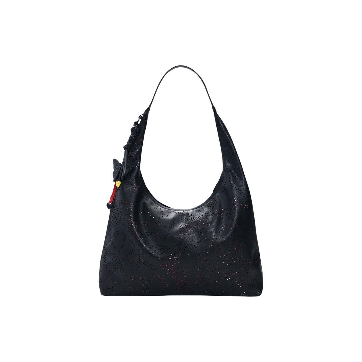 Image 3 : Vue d'ensemble du sac hobo Desigual noir constellation micro-perforé porté à plat, silhouette souple et volume généreux avec breloques zip colorées — Delvale
