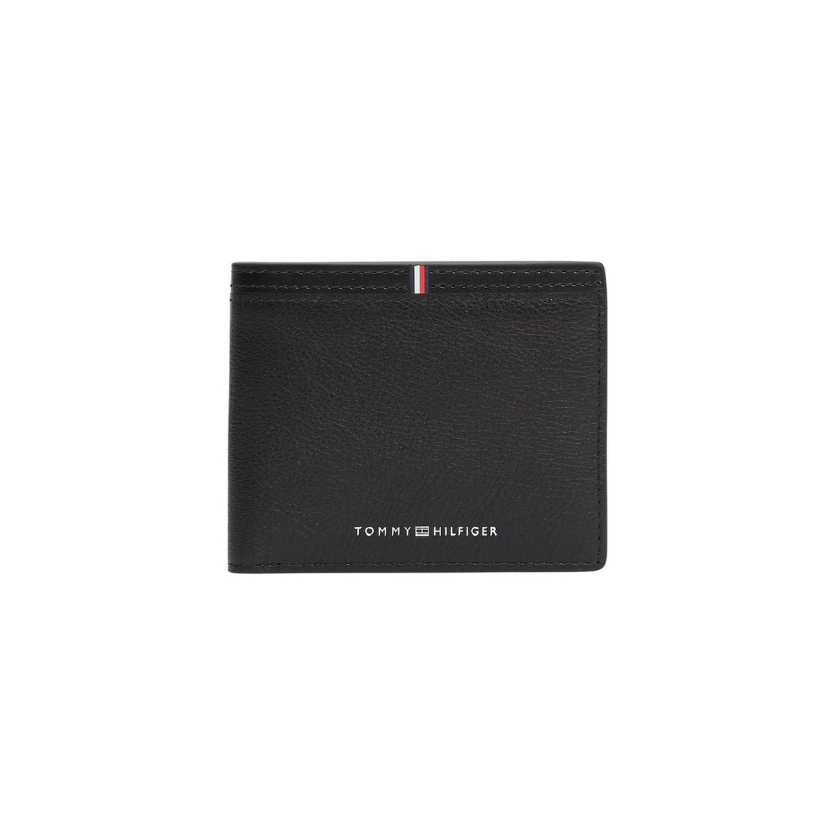 Image 1 : Portefeuille homme Tommy Hilfiger en cuir noir, vue de face avec logo et bande tricolore signature — Delvale