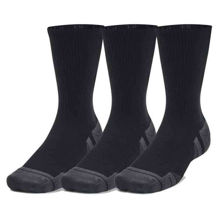 Image 1 : Lot de 3 paires de chaussettes Under Armour Performance Crew noires avec renforts gris anthracite au talon et à l'orteil, vue de face — Delvale