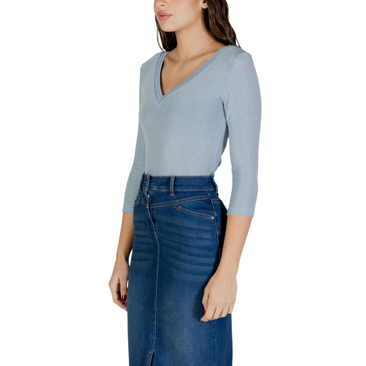 Image 2 : T-shirt Morgan De Toi femme bleu azur détail col V profond — delvale