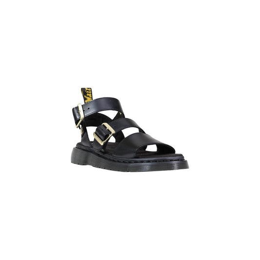 Dr. Martens Gryphon Atlas noire femme vue de trois quarts, sandale ouverte en cuir avec doubles boucles