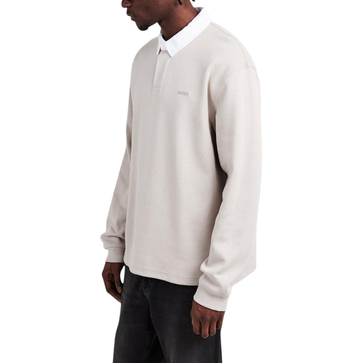 Polo Boss homme beige manches longues col polo blanc coupe décontractée vue profil