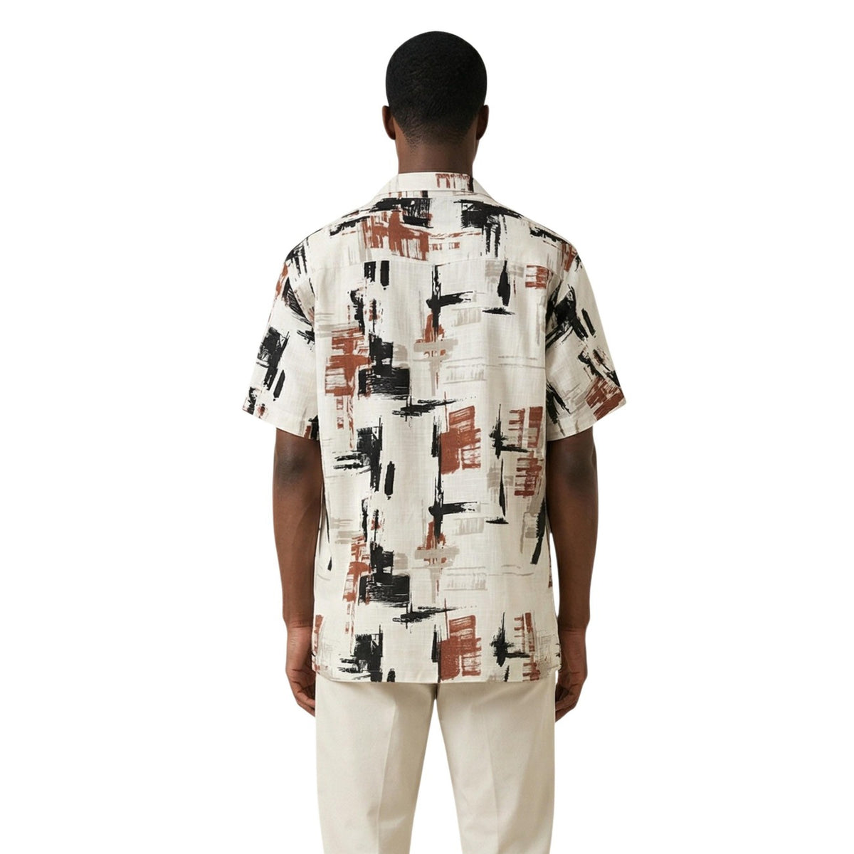 Image 3 : Détail du col bowling et du boutonnage de la chemise homme Antony Morato à imprimé abstrait terracotta et noir — Delvale