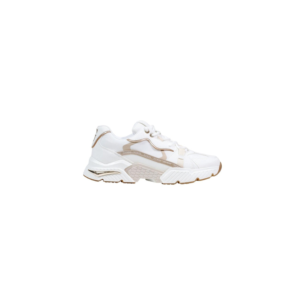 Image 1 : Baskets Guess Carrli femme blanc et doré, vue de profil sur la sneaker chunky au design californien — delvale