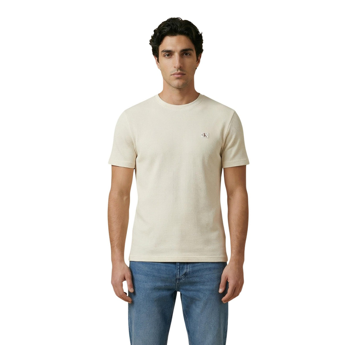 Image 1 : T-shirt Calvin Klein Jeans homme beige col rond manches courtes — Delvale