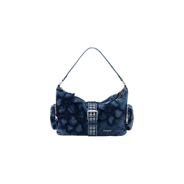 Image 1 : Sac hobo Desigual en denim bleu marine avec appliqués floraux en relief et détails argentés — delvale