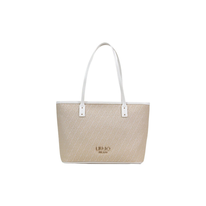 Image 1 : Tote bag Liu Jo Milano à motif monogramme beige et anses blanches, logo doré centré, vue de face — Delvale