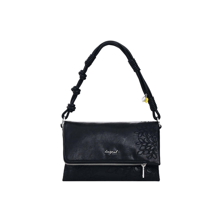 Image 1 : Sac à main Desigual noir verni avec rabat gaufré motif feuillage et anse nouée — delvale