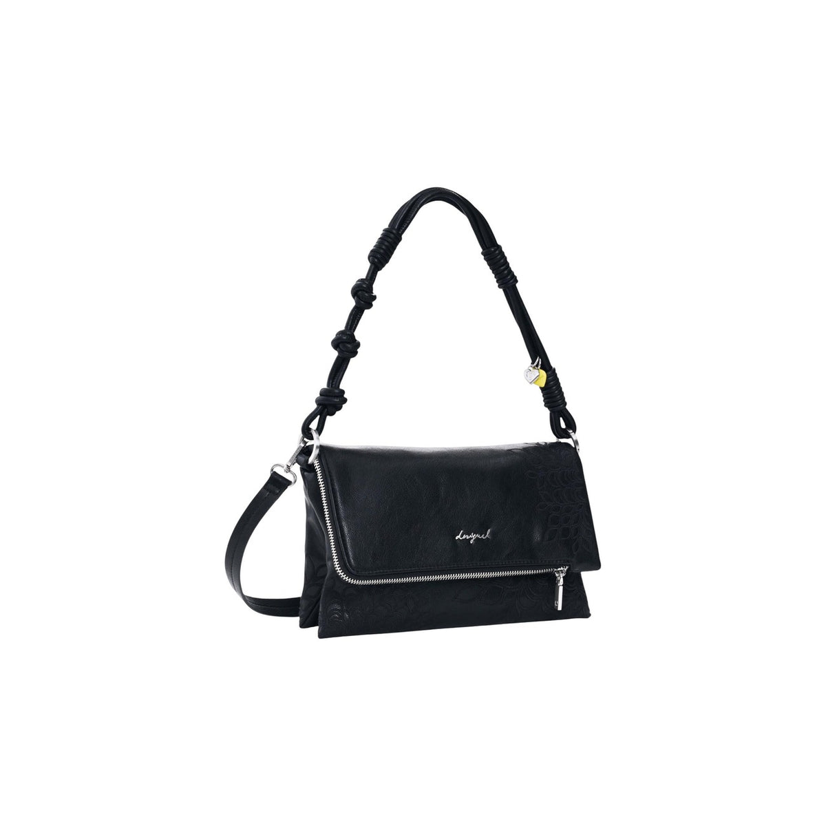 Image 2 : Détail du rabat gaufré et fermeture éclair du sac Desigual noir verni — delvale