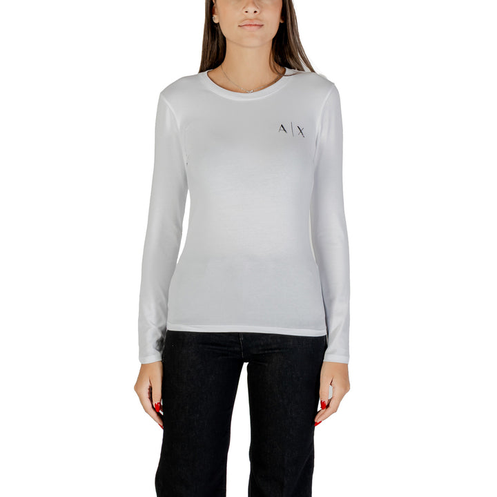 Image 1 : T-shirt blanc Armani Exchange femme avec manches longues et détails strass, vue de face — delvale