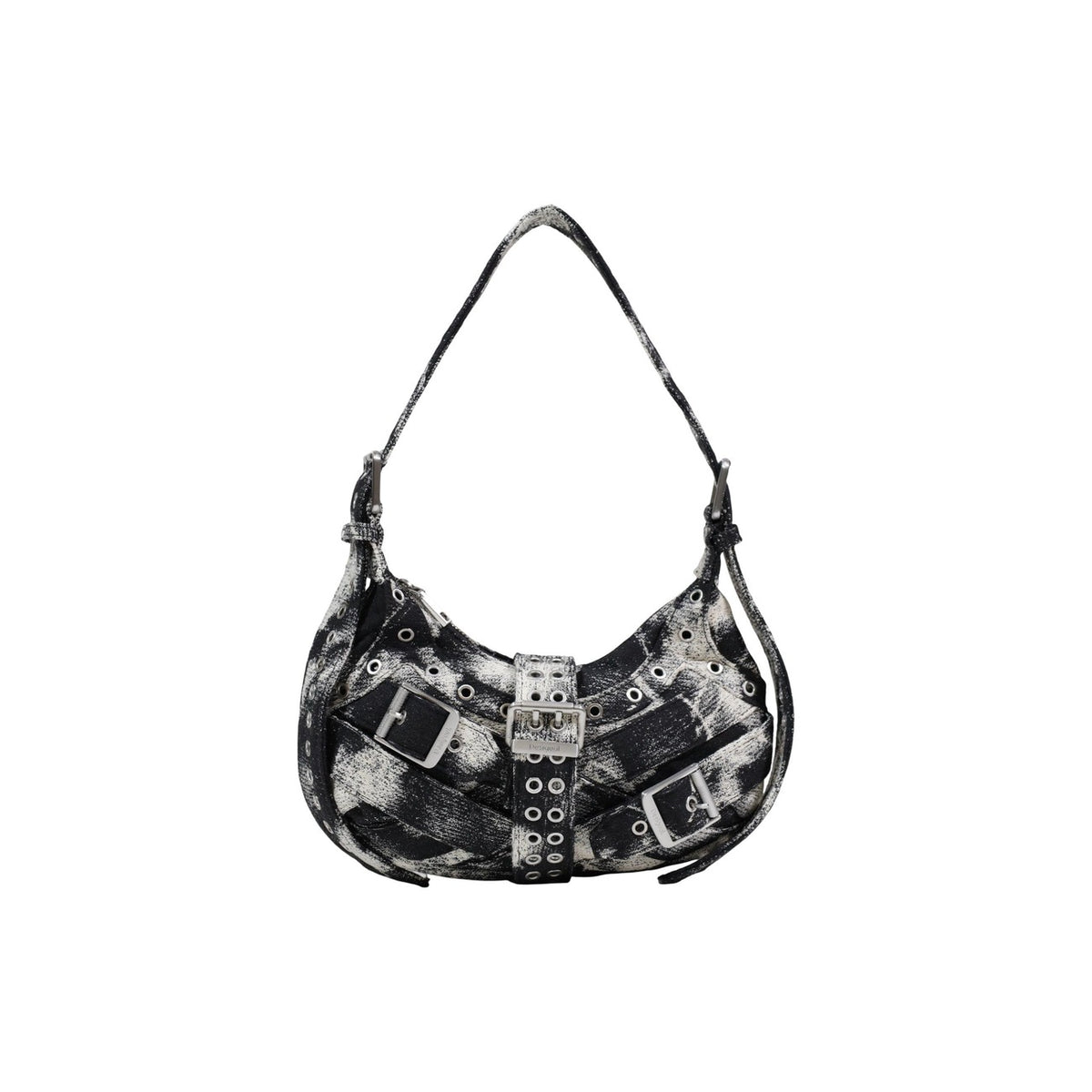 Image 1 : Desigual sac hobo femme coton noir blanc tie-dye lanières croisées double boucle hardware punk — vue face — Delvale