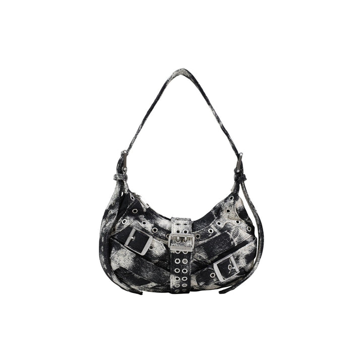 Image 1 : Desigual sac hobo femme coton noir blanc tie-dye lanières croisées double boucle hardware punk — vue face — Delvale
