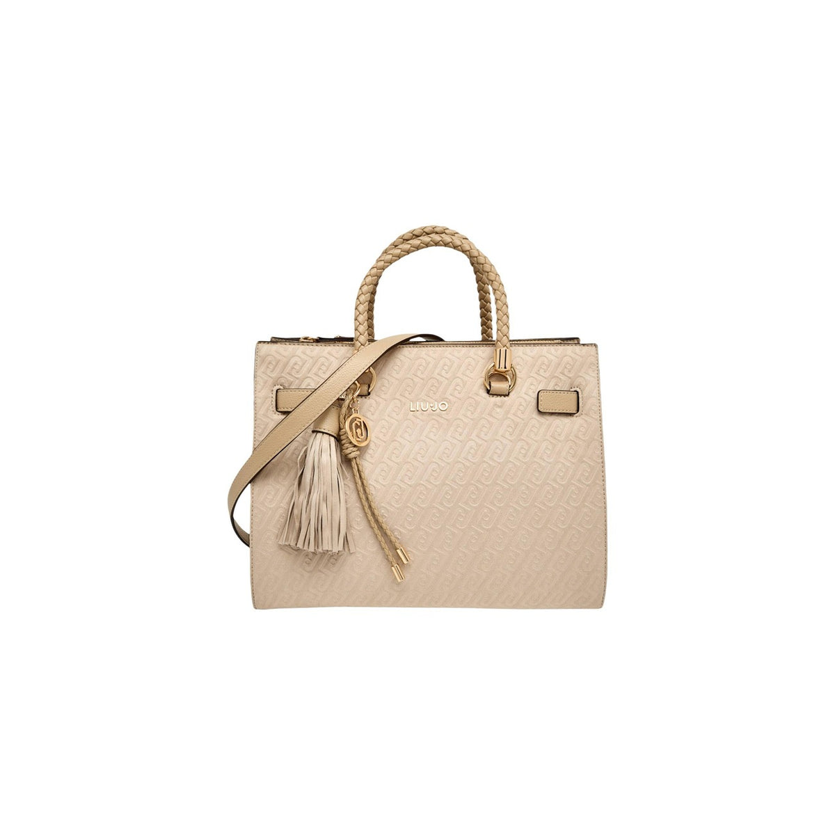 Image 1 : Sac à main Liu Jo beige face avant monogramme gaufré anses tressées bandoulière amovible pompon doré — Delvale