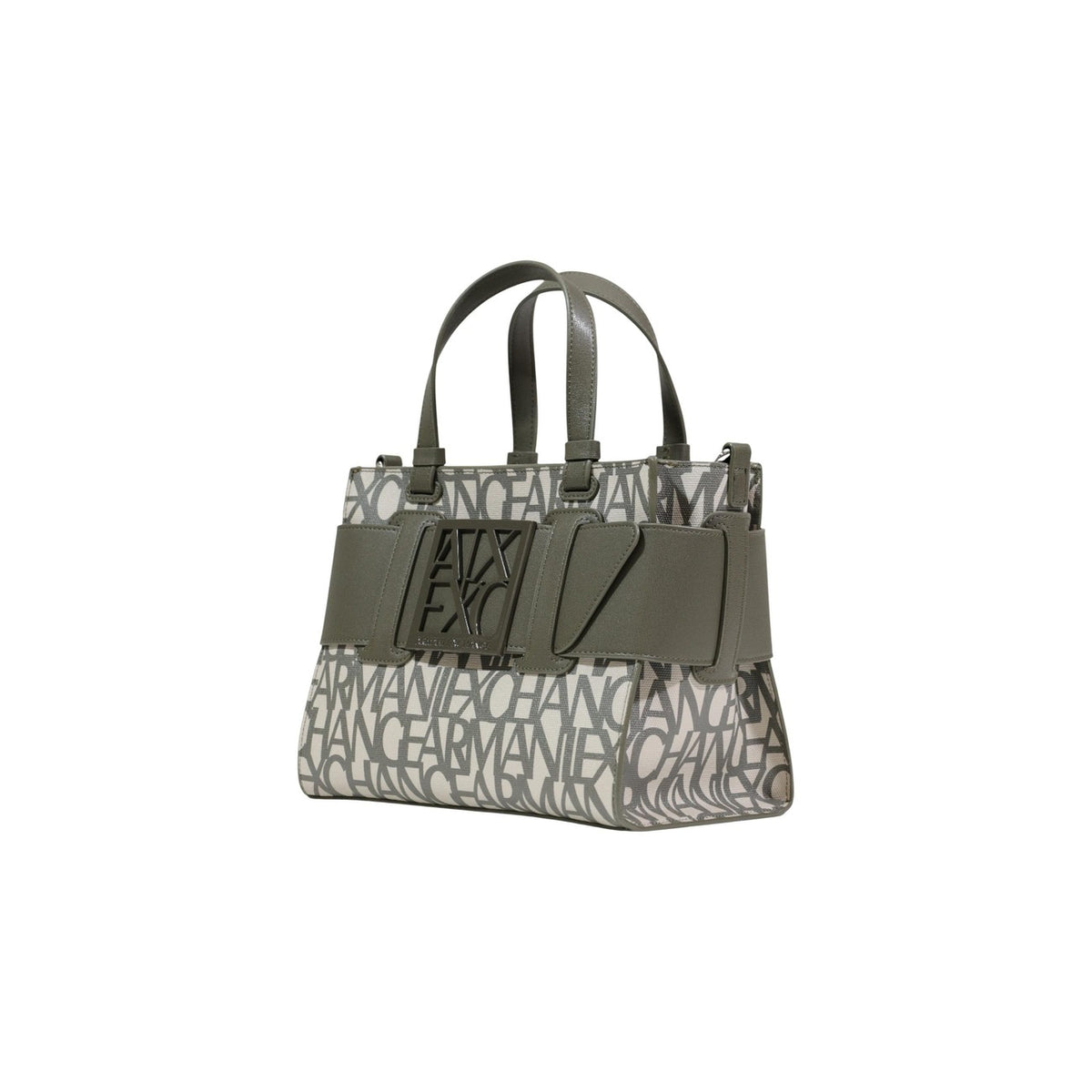 Image 3 : Vue latérale du sac à main Armani Exchange femme jacquard texte avec double anse cuir synthétique kaki — Delvale