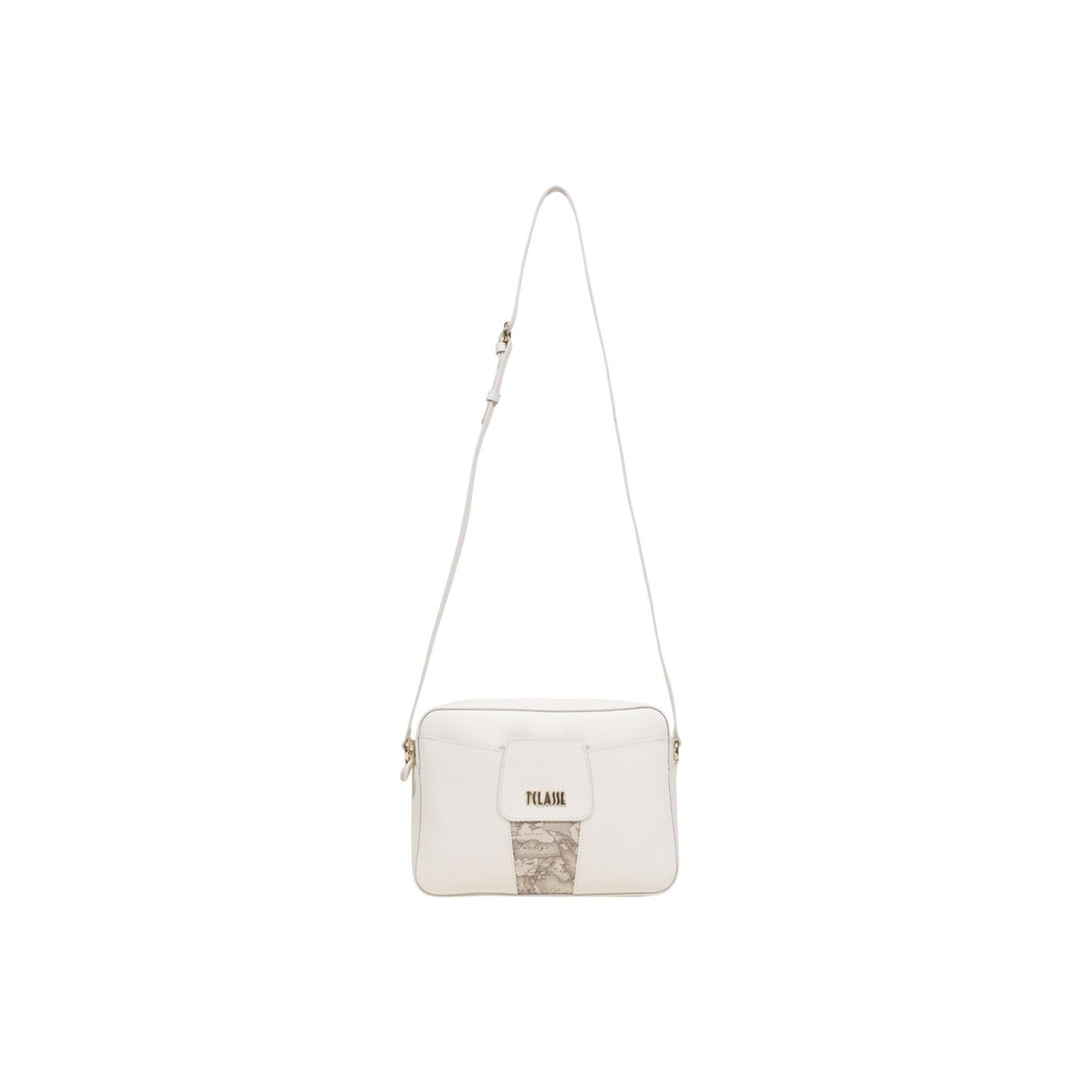 Image 2 : Sac bandoulière Alviero Martini Prima Classe beige, vue légèrement de biais mettant en valeur la bandoulière réglable et la fermeture éclair dorée — Delvale