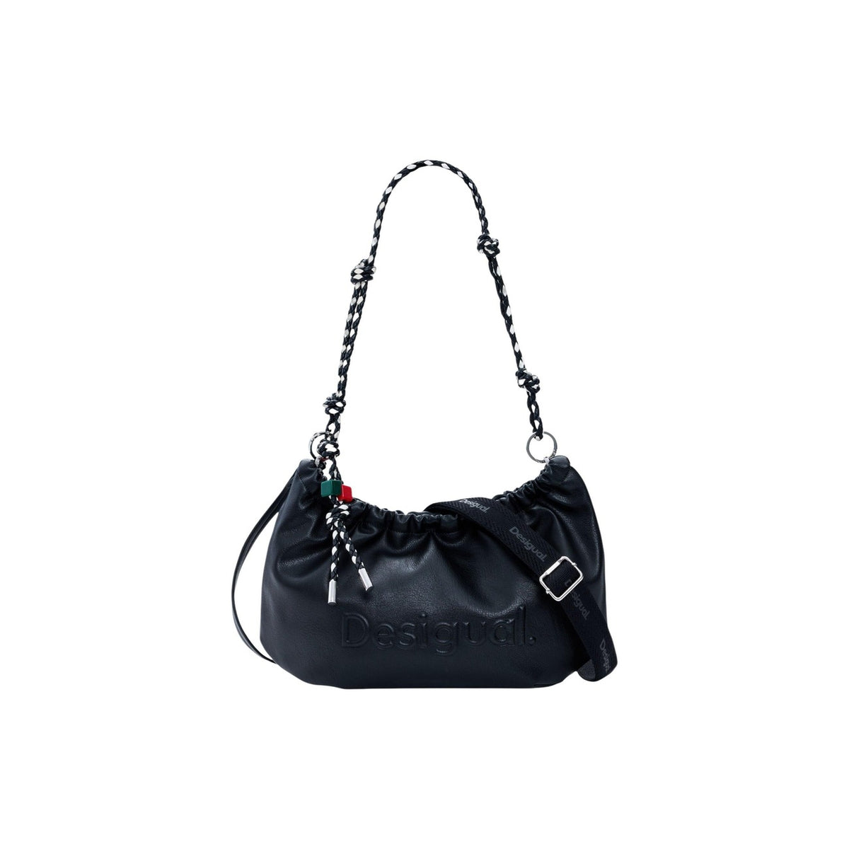 Image 1 : Sac demi-lune Desigual noir en similicuir froissé avec chaîne bicolore et logo embossé — Delvale