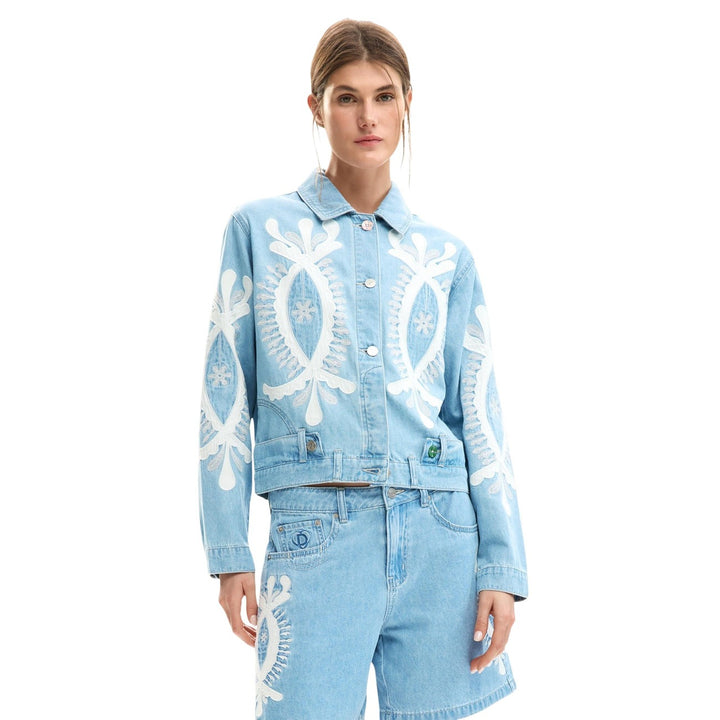 Image 1 : Veste Desigual femme bleu azur en coton avec motif imprimé, manches longues et col classique — Delvale