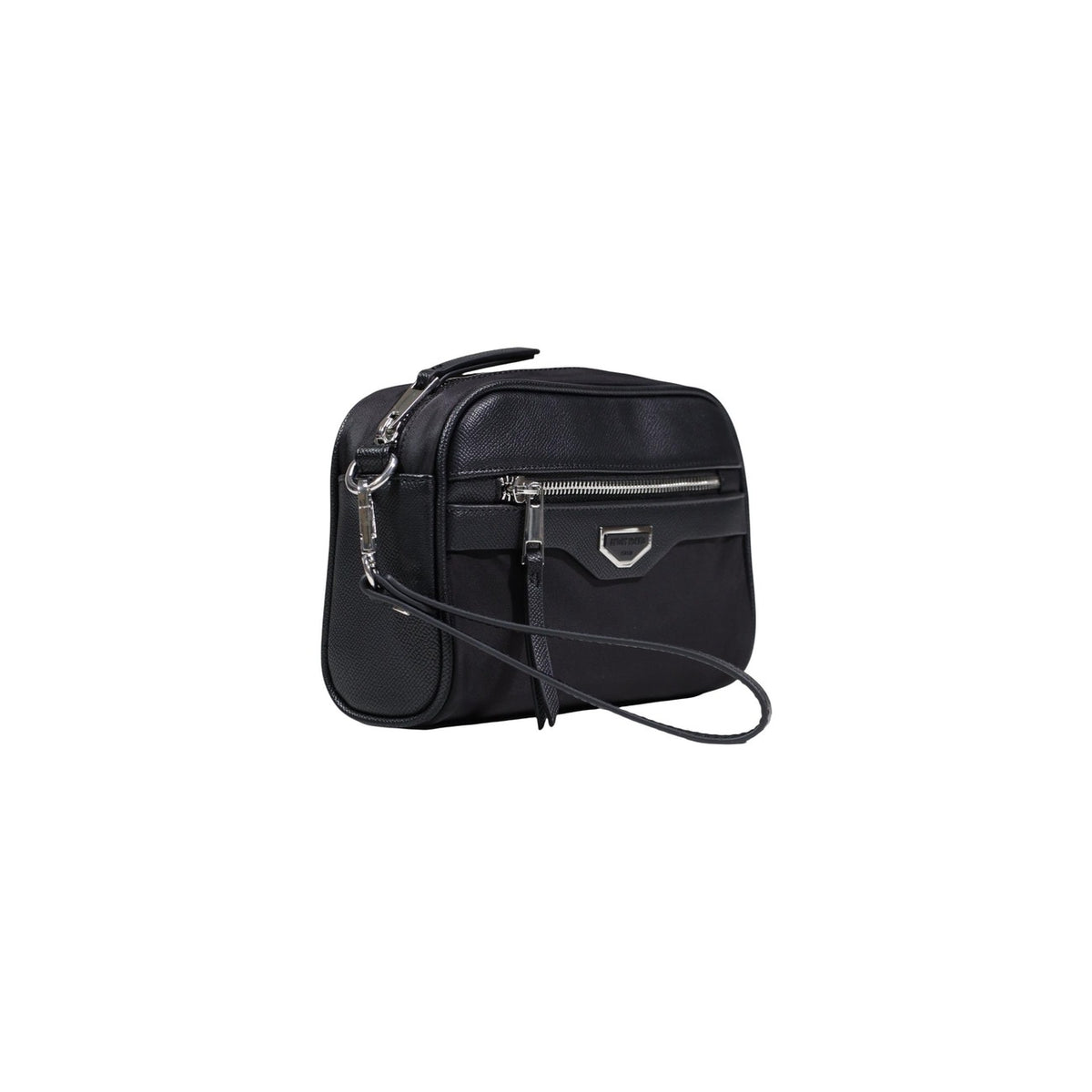 Image 2 : Antony Morato pochette homme noir bimatière nylon grainé poche façade zip argenté dragonne — vue trois quarts — Delvale