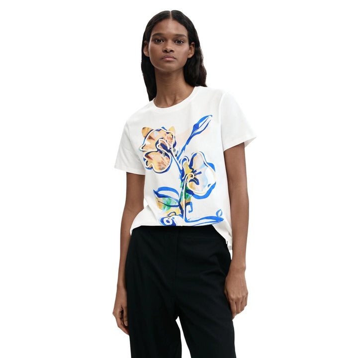 Image 1 : T-shirt Desigual femme blanc avec imprimé coloré, col rond et manches courtes — Delvale