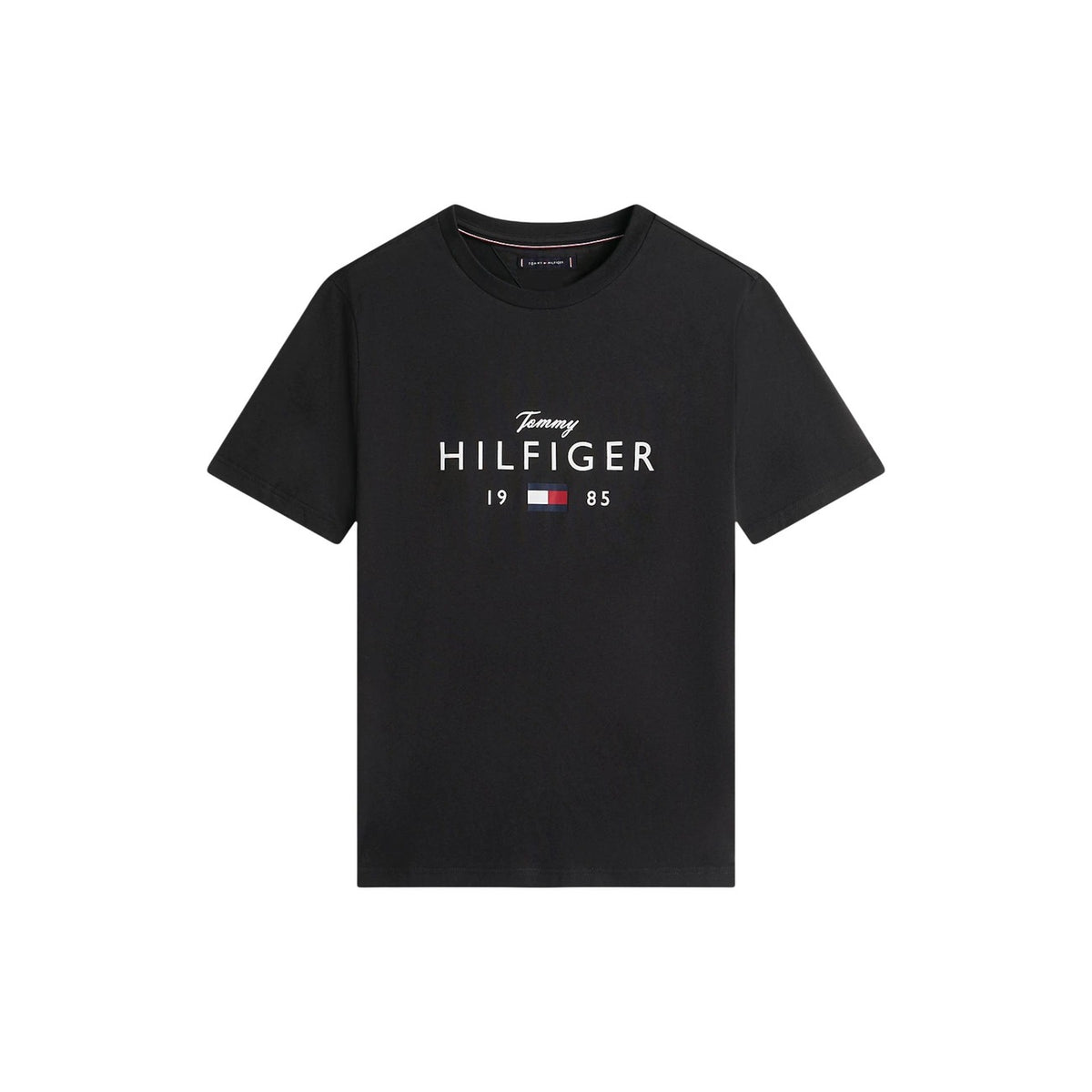 Image 2 : Vue de face du t-shirt Tommy Hilfiger Jeans noir logo Hilfiger 1985, col rond, manches courtes, coupe décontractée — Delvale