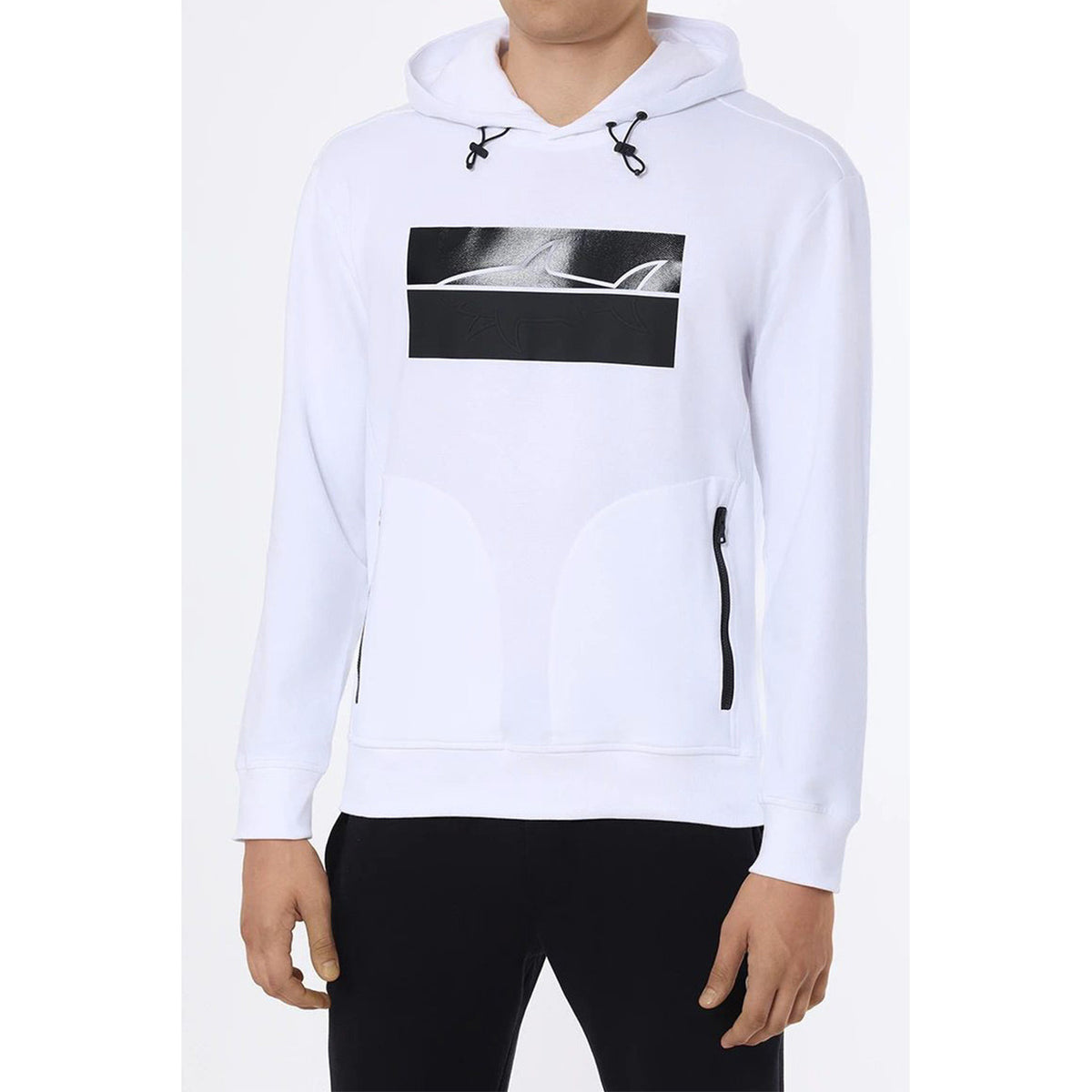 Sweat capuche Paul & Shark homme blanc, imprimé rectangulaire logo requin noir, poches zippées latérales, vue de face — Delvale