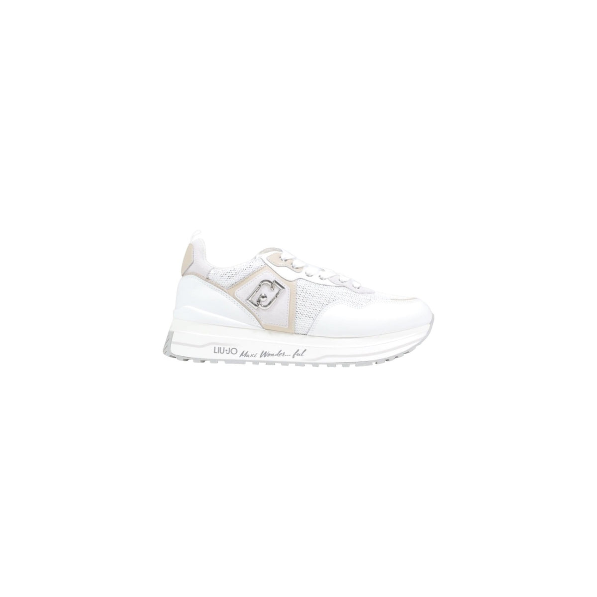 Image 1 : Sneakers Liu Jo Maxi Wonder femme blanches vue de profil, semelle plateforme et logo métal argenté — Delvale