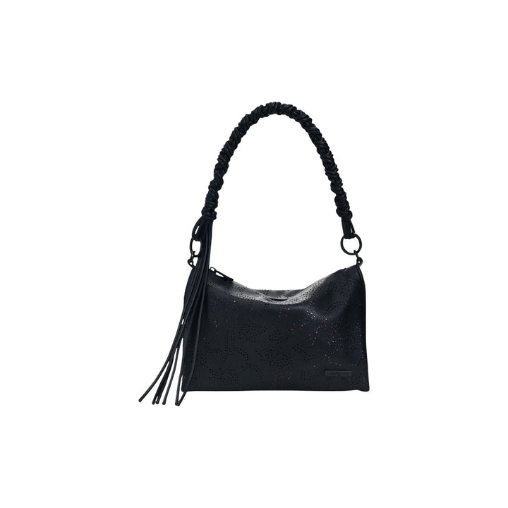 Image 1 : Sac à main Desigual noir micro-perforé aux reflets pailletés, anse tressée et bandoulière — delvale
