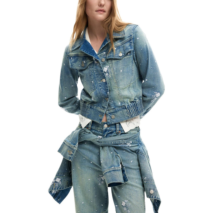 Image 1 : Veste Desigual femme bleu azur avec effet usé, manches longues et fermeture boutonnée — Delvale