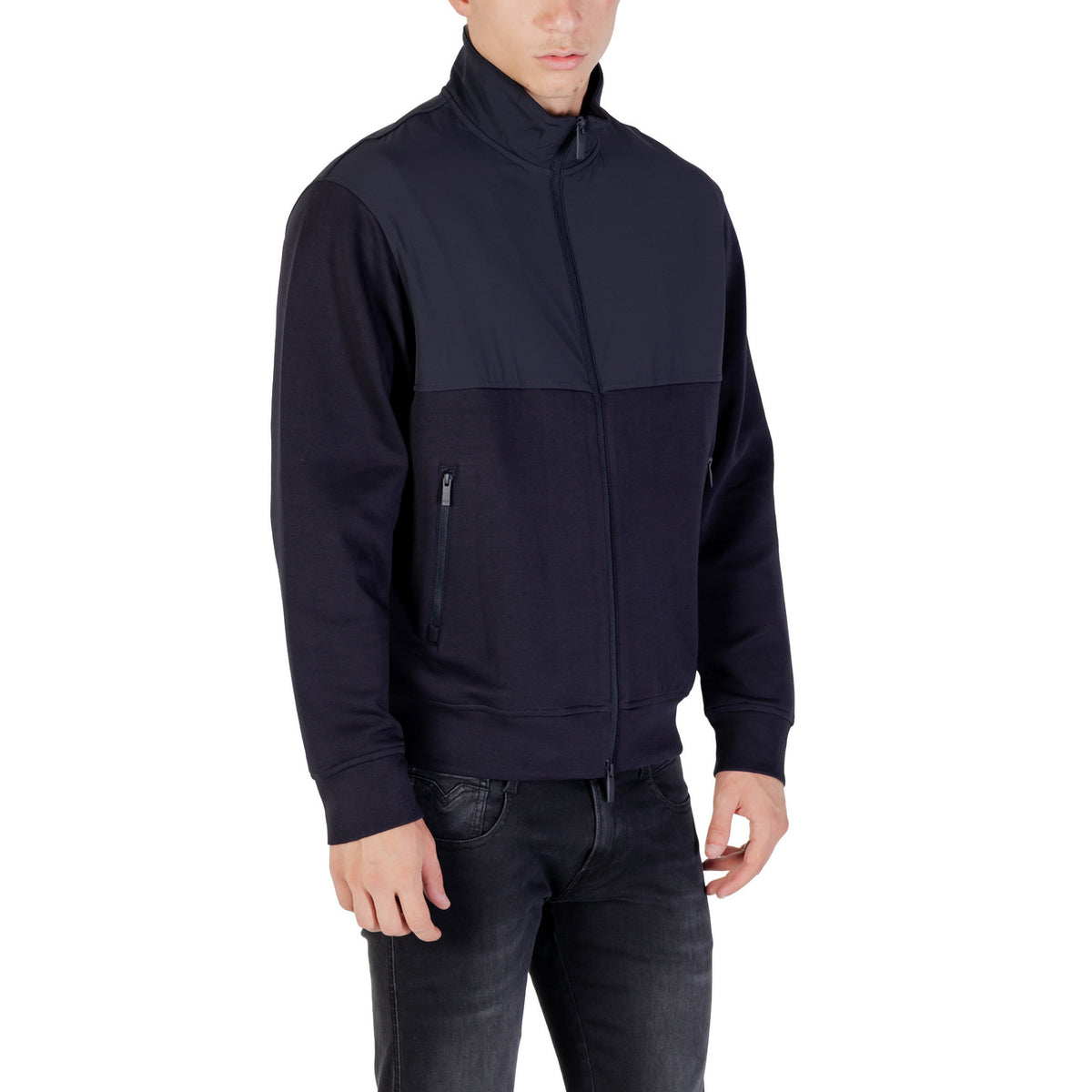 Veste zippée Armani Exchange homme bleu marine – vue de profil, poches frontales