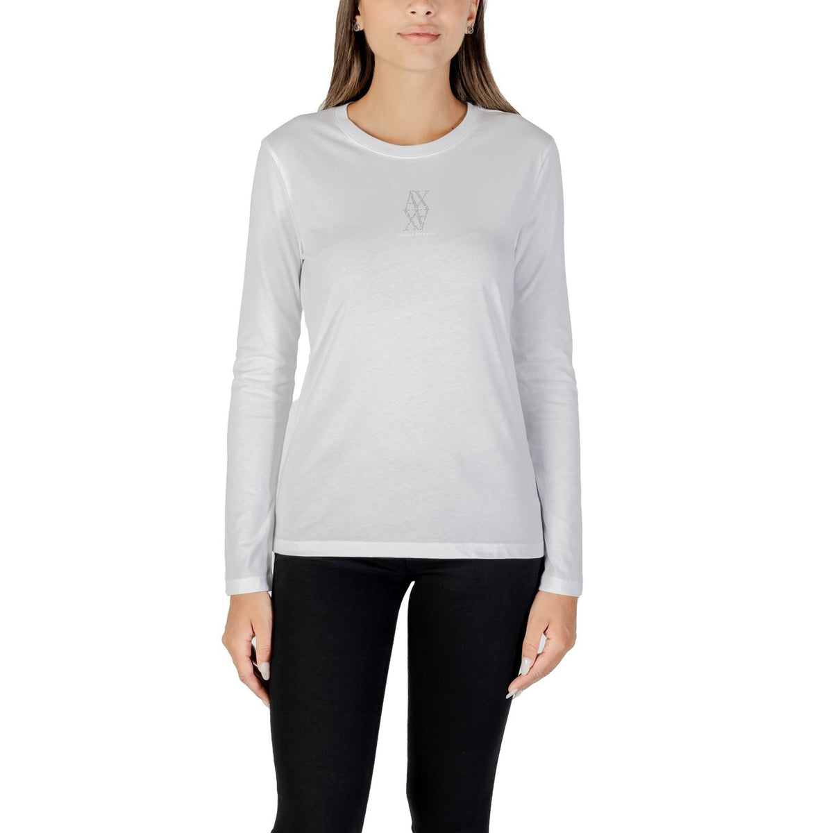 Image 4 : T-shirt femme Armani Exchange noir à manches longues avec détails strass, vue portée — delvale